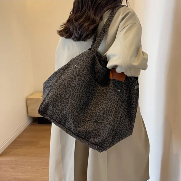 Leopard Pattern Tote Bag Vintage Canvas Shoulder Bag Fashion Big Capacity Handbag For School Work Shopping - Image 12