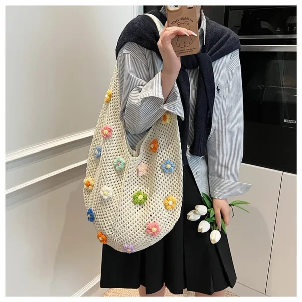 Braid bag women large capacity small flower summer hollow shoulder bag fashion bucket bag - Image 17