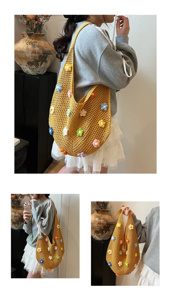 Braid bag women large capacity small flower summer hollow shoulder bag fashion bucket bag - Image 12