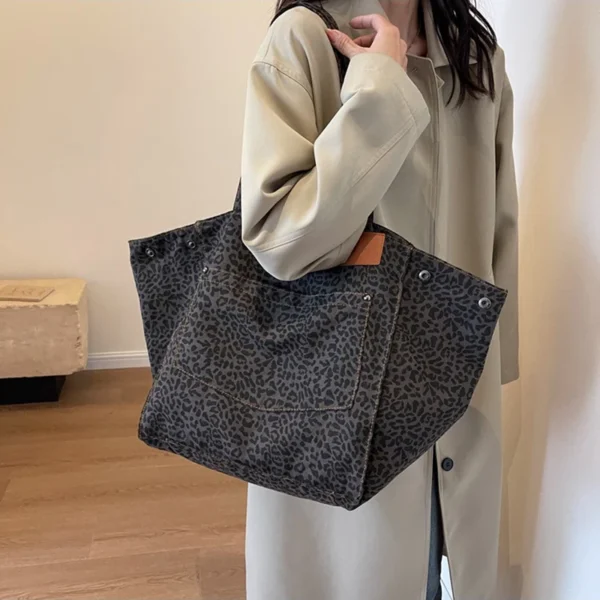 Leopard Pattern Tote Bag Vintage Canvas Shoulder Bag Fashion Big Capacity Handbag For School Work Shopping - Image 15