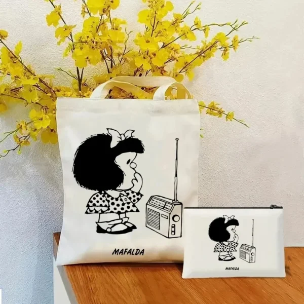 2 Pcs Mafalda Fashion Tote Cosmetic Organizer Ladies Canvas Shoulder Bag Eco-friendly Large Capacity Shopping Bag Wallet - Image 7