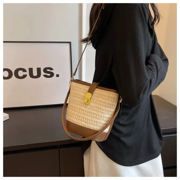 Fashionable Woven Straw Handbag Women's Crossbody Bucket Bag Soft Zipper Closure Versatile Shoulder Bag Popular Hot Sale Of The - Image 7