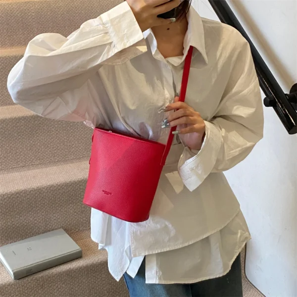Lychee Pattern Mini Shoulder Bucket Bags For Women Pure Color PU Leather Cross Body Bag With Pendant 2025 Summer Latest Handbags - Image 16