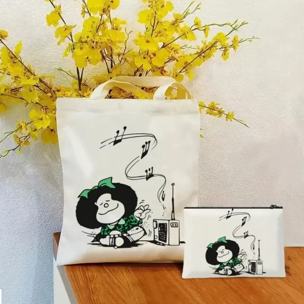 2 Pcs Mafalda Fashion Tote Cosmetic Organizer Ladies Canvas Shoulder Bag Eco-friendly Large Capacity Shopping Bag Wallet - Image 9