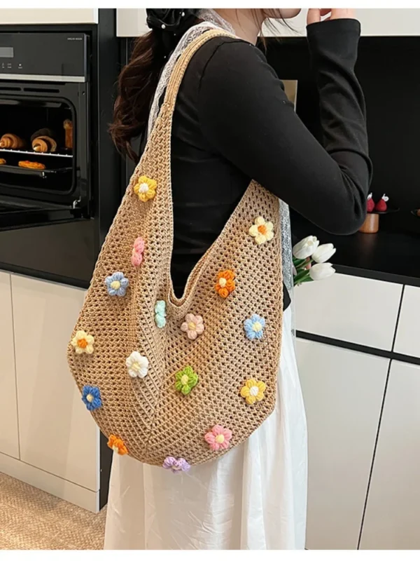 Braid bag women large capacity small flower summer hollow shoulder bag fashion bucket bag - Image 6