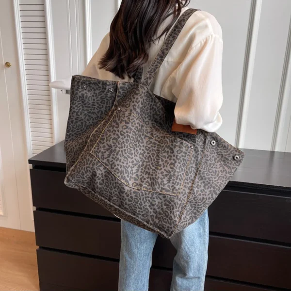 Leopard Pattern Tote Bag Vintage Canvas Shoulder Bag Fashion Big Capacity Handbag For School Work Shopping - Image 11