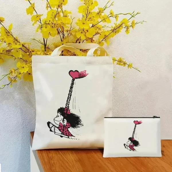 2 Pcs Mafalda Fashion Tote Cosmetic Organizer Ladies Canvas Shoulder Bag Eco-friendly Large Capacity Shopping Bag Wallet - Image 28