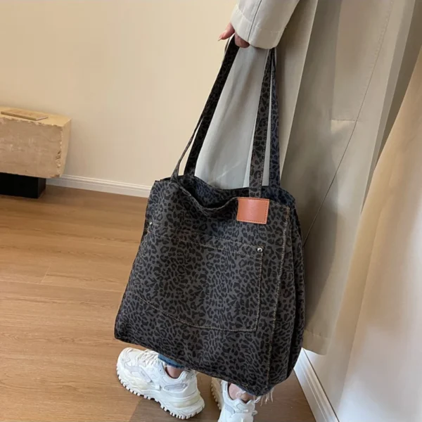Leopard Pattern Tote Bag Vintage Canvas Shoulder Bag Fashion Big Capacity Handbag For School Work Shopping - Image 13