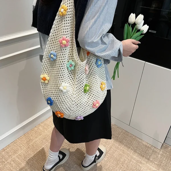 Braid bag women large capacity small flower summer hollow shoulder bag fashion bucket bag - Image 4