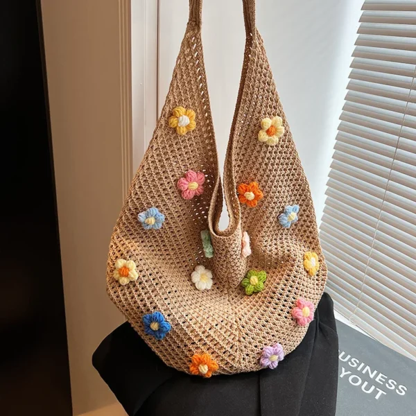 Braid bag women large capacity small flower summer hollow shoulder bag fashion bucket bag - Image 2