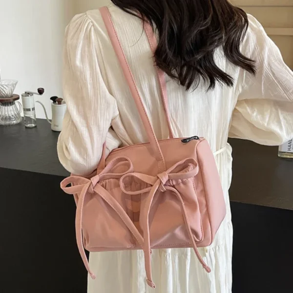 2025 New Korean Bow Nylon Shoulder Bag Fashionable and Sweet Design Tote Bag Folded Large Capacity Commuter Women's Handbag - Image 2