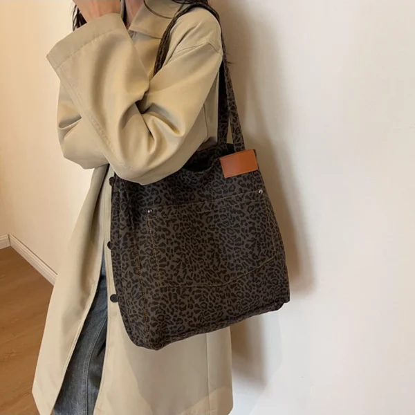 Leopard Pattern Tote Bag Vintage Canvas Shoulder Bag Fashion Big Capacity Handbag For School Work Shopping - Image 14
